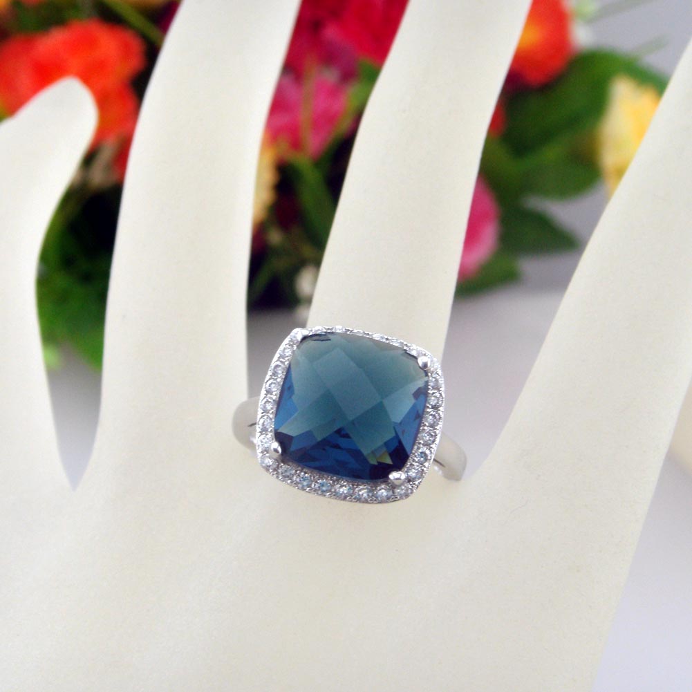 Fashion Blue Ring Cubic Zirconia Stone Ring Rhodium Plated Wedding Ring for Women