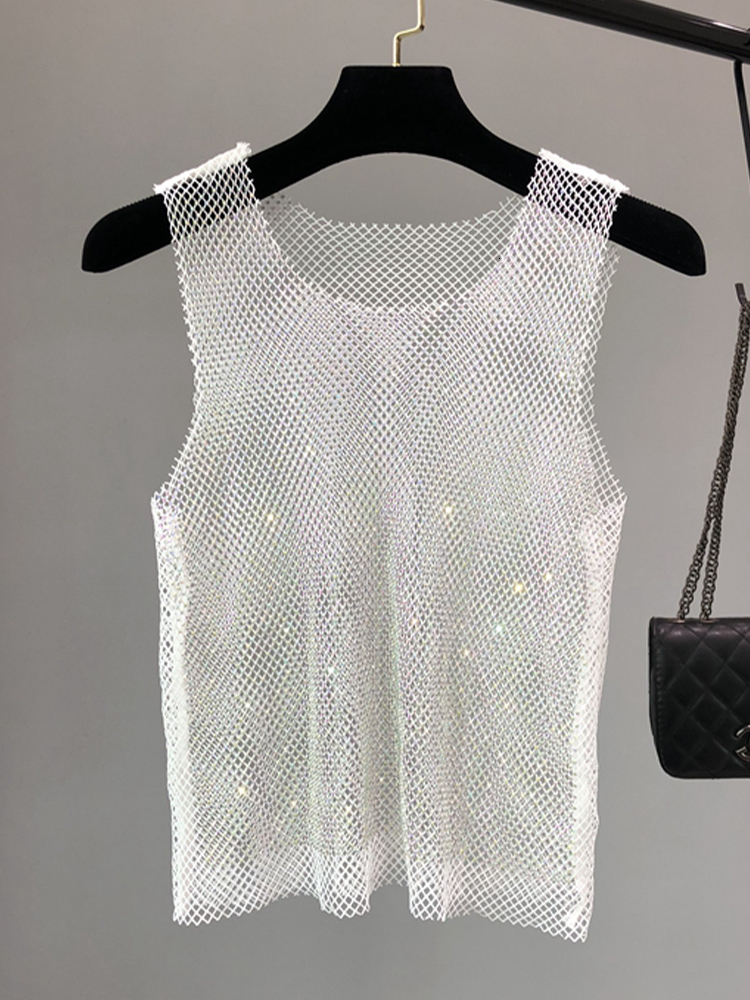 Women s Tanks Camis Crystal Beading Shiny Party Club Sexy Hollow Out Diamonds Stamping Winky Sleeveless Vest 230112