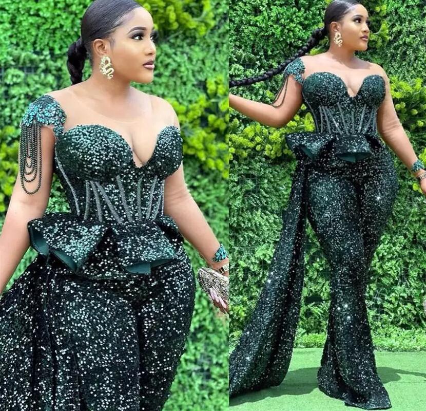Hunter Green Jumpsuits Prom Dresses Sheer Neck Sequined Luxury African aso ebi Plus Size Women Formal Evening Gowns pant suit