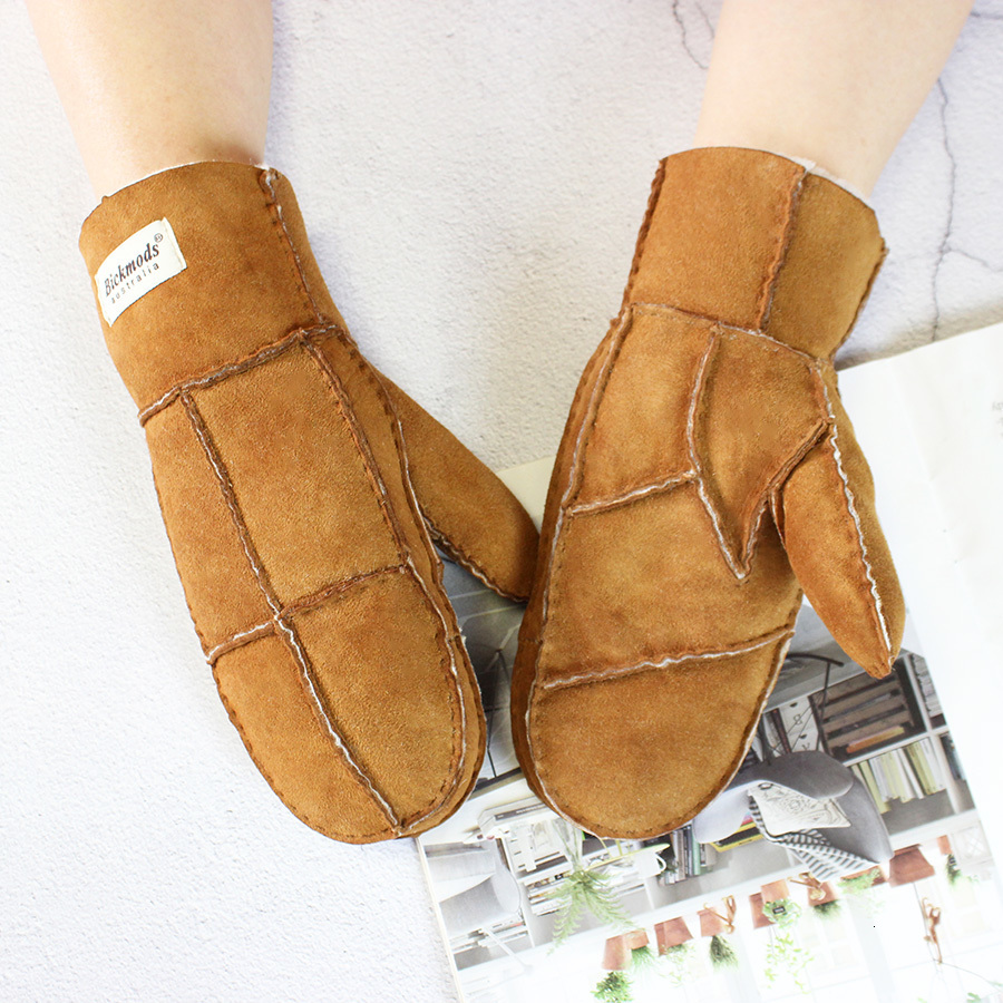 Fingerless Gloves Sheepskin Fur Gloves Womens Winter Cold Warm Mens Leather Thicken Mittens Hand Sewn Black Sheepskin Wool 230113