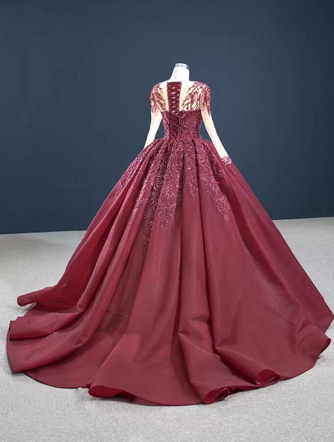 Burgundy Lace Ball Gown Gothic Wedding Dresses Long Sleeves lace-up Corset Back Heavily Beading Non White Colored Bridal Gowns Couture