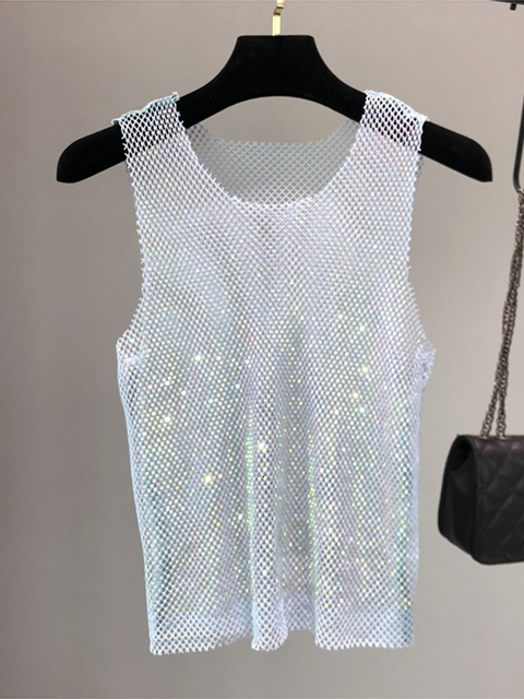 Women s Tanks Camis Crystal Beading Shiny Party Club Sexy Hollow Out Diamonds Stamping Winky Sleeveless Vest 230112