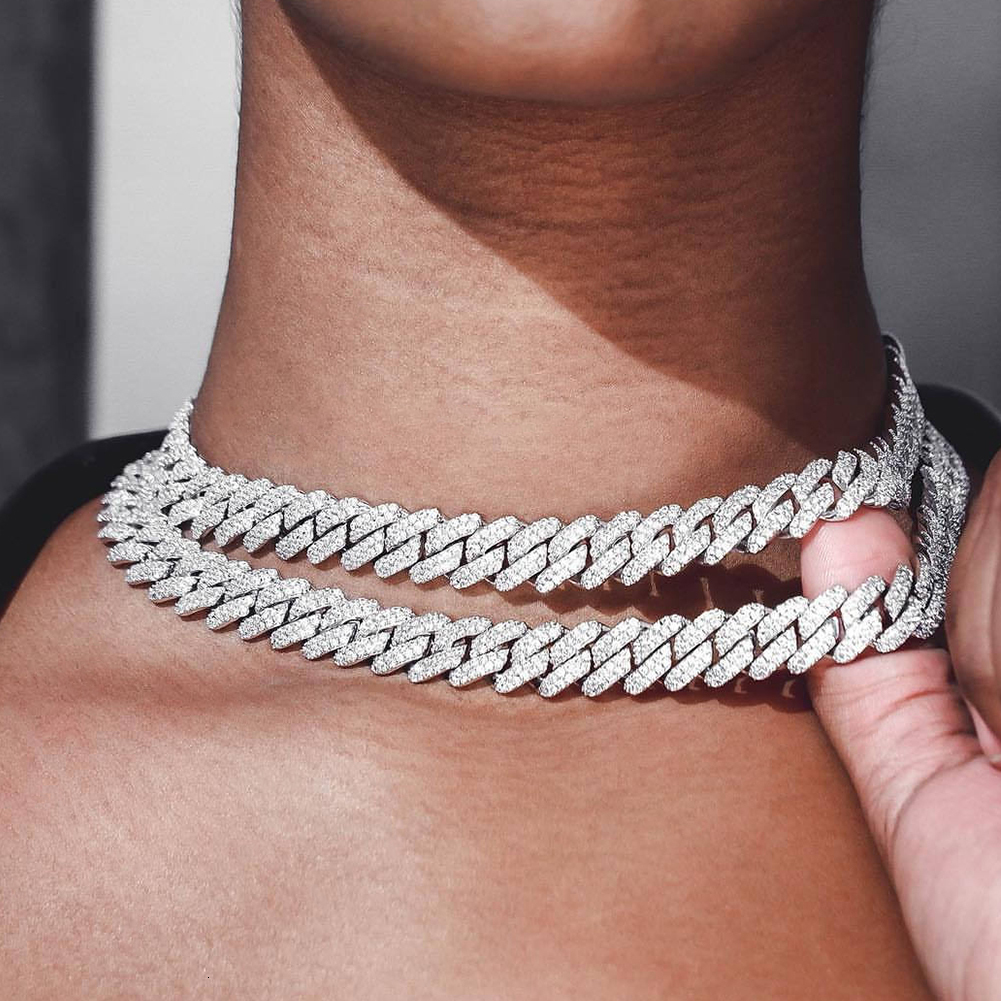 Chokers Silver Color 14mm Prong Miami Cuban Link Chain Necklace For Women Iced Out 2 Row Rhinestones Square Cuban Link Choker Jewelry 230113