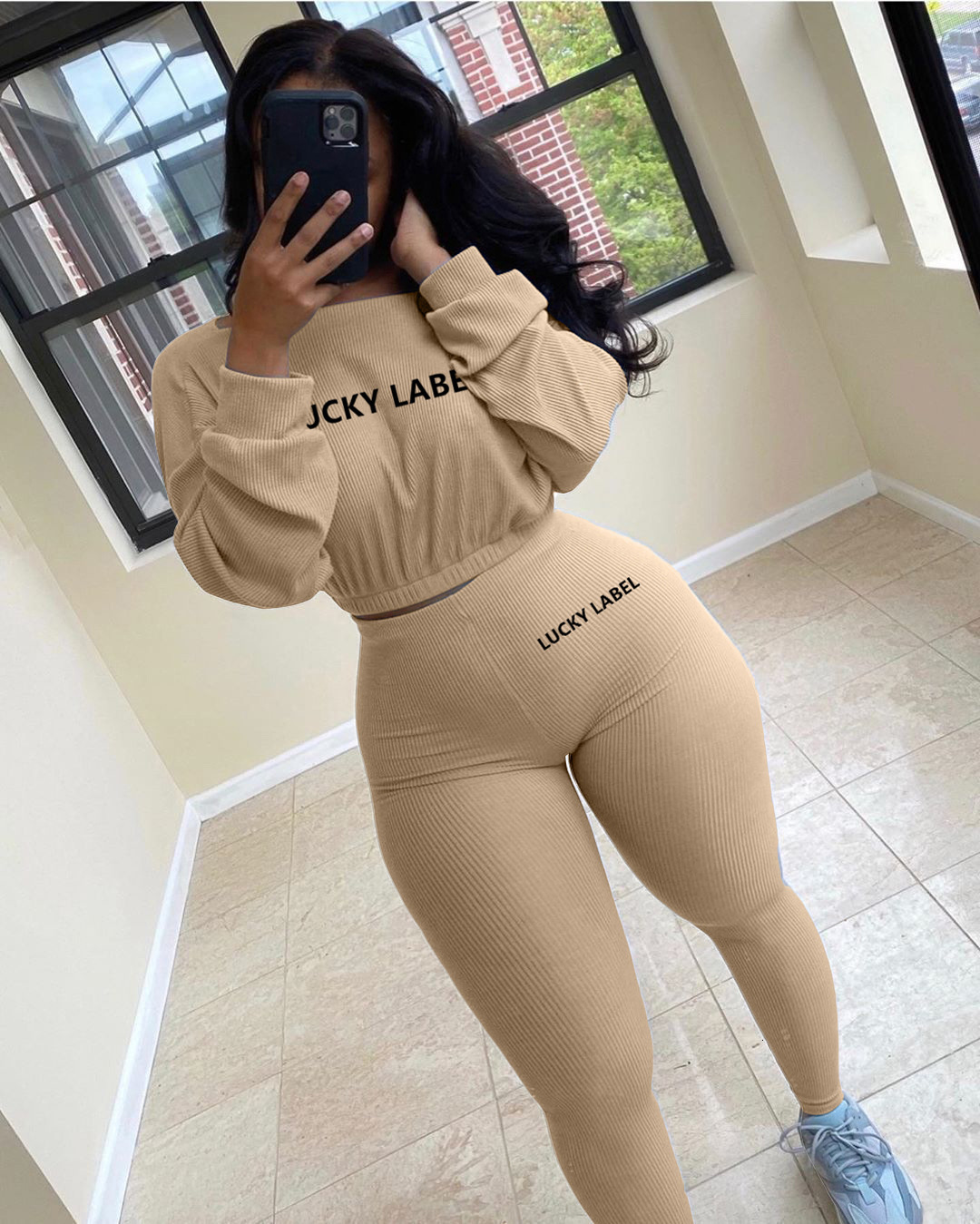 Women's Tracksuits Letter Printed Embroidery Women Two Piece Ribbed Fall Spring Long Sleeve Sweatshirt and Skinny Pants Set 230113