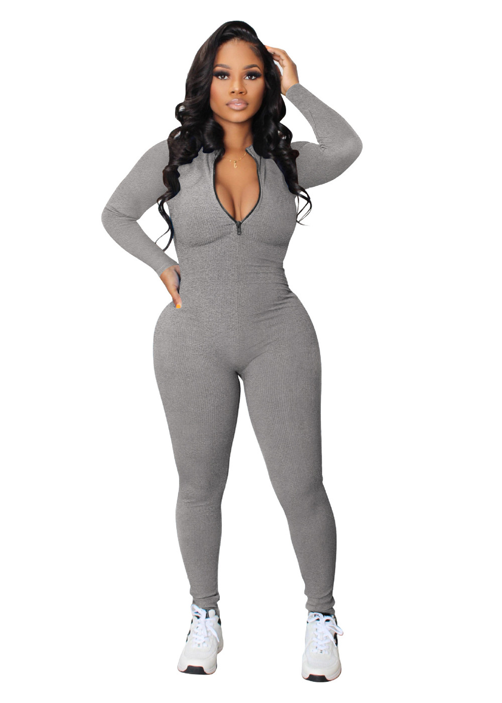 Fall Winter Knitted Ribbed Jumpsuits Women Long Sleeve Bodycon Rompers Solid Zipper Jumpsuits One Piece Outfits Skinny Overalls leggings Casual Street