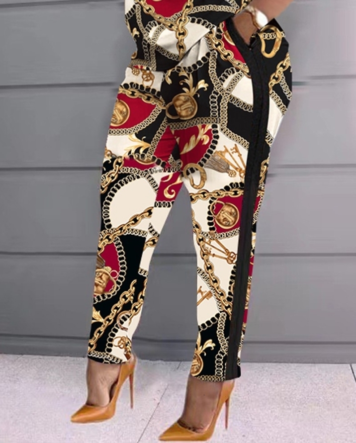 Women's Tracksuits Two Piece Sets Womens Outifits Fashion Summer Scarf Chain Print Casual O-Neck Short Sleeve Top Pocket Long Pants Set 230113