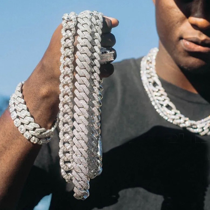 Chokers Iced Out Bling Baguette CZ 19mm Miami Cuban Chain Necklace Two Tone Color Cubic Zirconia Necklaces Men Hip Hop Jewelry 230113