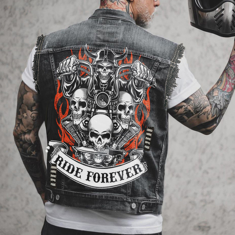 Men s Vests Mens Motorcycle Skull Print Hip Hop Punk Rock Biker Denim Waistcoat Hole Ripped Cotton Sleevless Jean Jacket Coat 230112