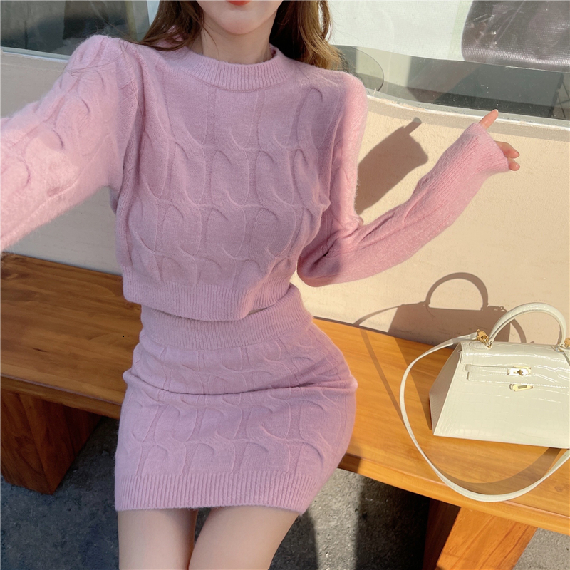 Two Piece Dress Elegant Fall Winter Knitted 2 Set Chic Women Sexy O Neck Sweater Crop Top Bodycon Mini Skirt Korean Suit 230113