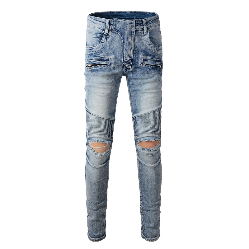 Mens Jeans For Guys Rip Slim Fit Skinny Man Pants Orange Star Patches Wearing Biker Denim Stretch Cult Stretch Motorcycle Trendy Long Straight Hip Hop