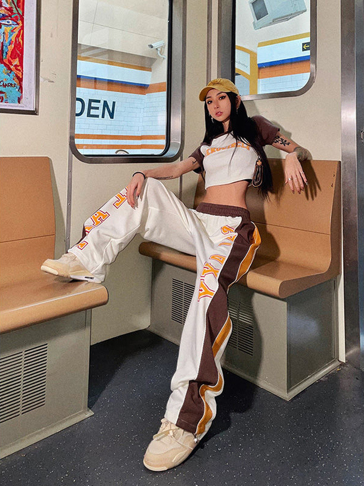 Womens Tracksuits Fashion Sexy Summer Outfits Short Sleeve Print Crop Top Straight Contrast Pants Female Japanese Harajuku Casual Two Piece Sets 23011