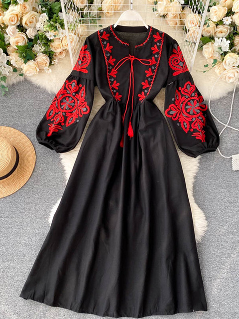 Party Dresse Autumn Bohemian Embroidered Flower O Neck Lantern Sleeve High Waist Pleated Dress All match Female Vestidos PL393 230112