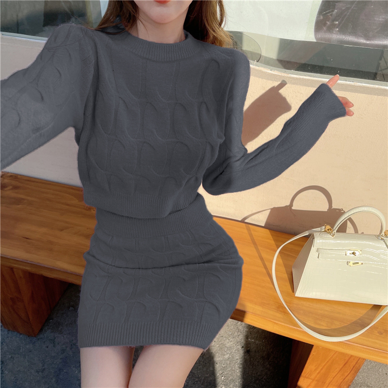 Two Piece Dress Elegant Fall Winter Knitted 2 Set Chic Women Sexy O Neck Sweater Crop Top Bodycon Mini Skirt Korean Suit 230113