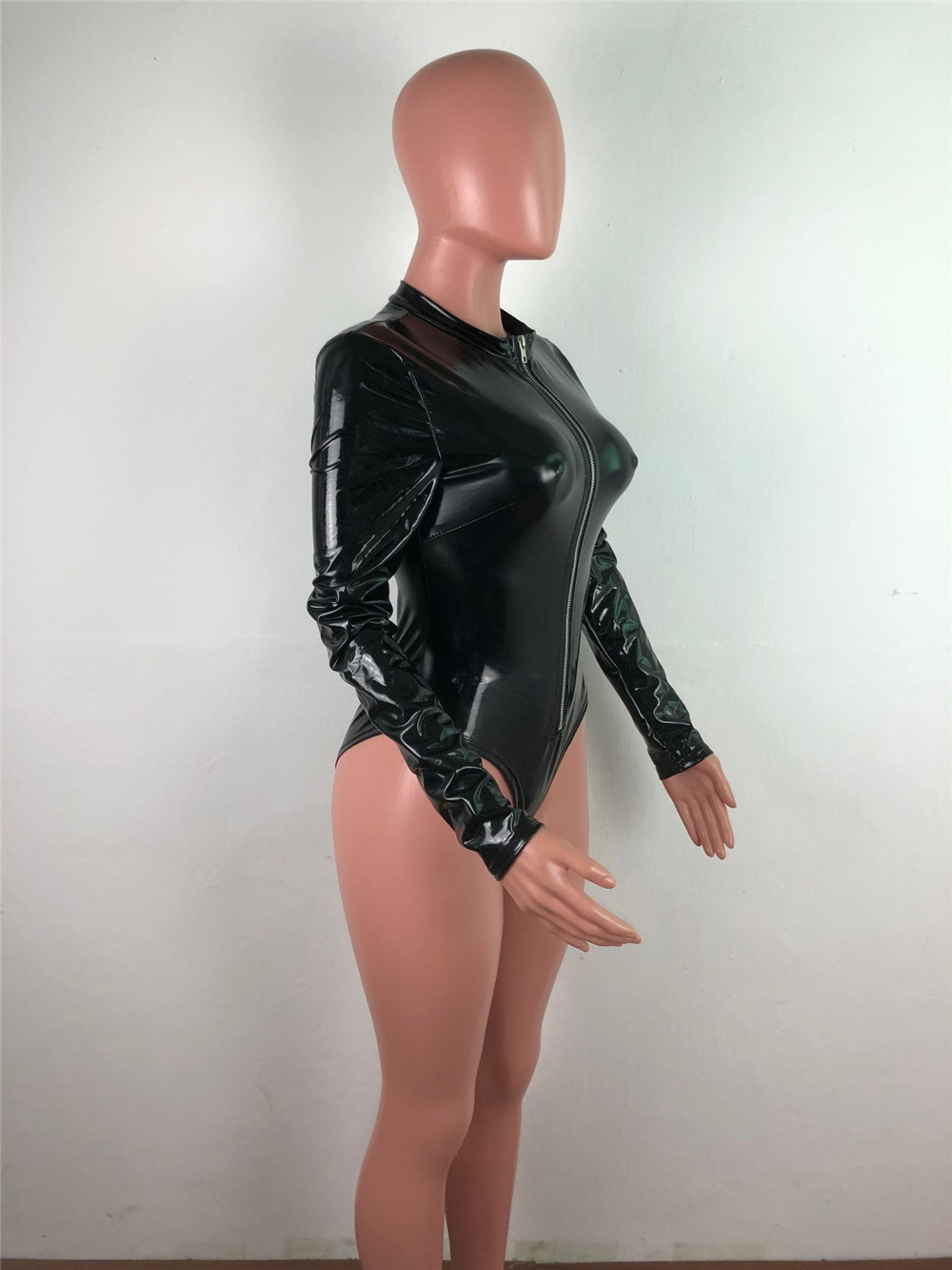 Wholesale PU Leather Bodysuits Women Long Sleeve Rompers Spring Autumn Clothes Sexy One Piece Outfits Casual Skinny Playsuits Fashion Streetwear 9189
