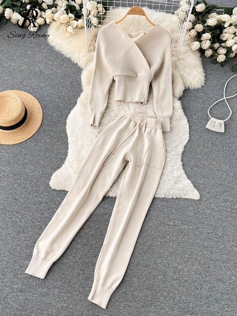 Womens Tracksuits SINGREINY Winter Casual Knitted Two Pieces Sutis V Neck Long Sleeve Sweater Elastic Pants Sets Women 230113
