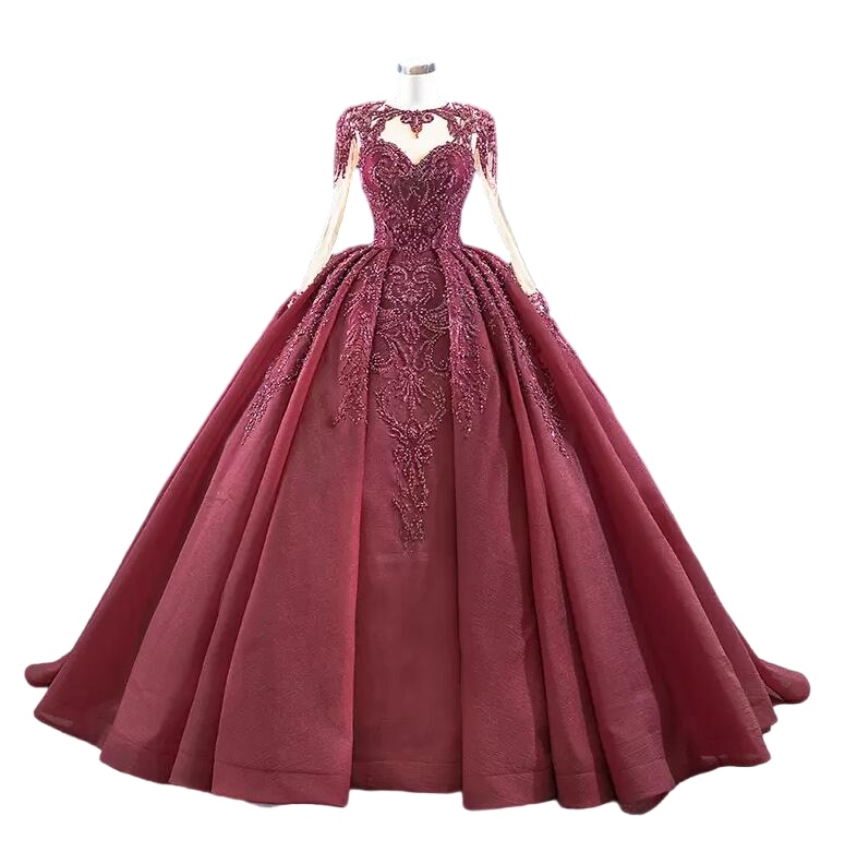 Burgundy Lace Ball Gown Gothic Wedding Dresses Long Sleeves lace-up Corset Back Heavily Beading Non White Colored Bridal Gowns Couture