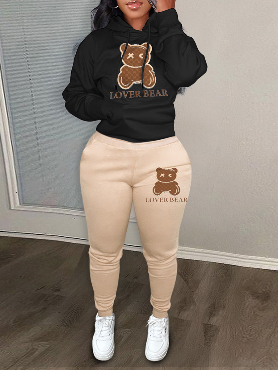 Womens Tracksuits LW Plus Size Multicolor Sweatshirt Sets Cartoon Letter Print Pants Set Pullover HoodieElastic Waist Trousers Maxi 230113
