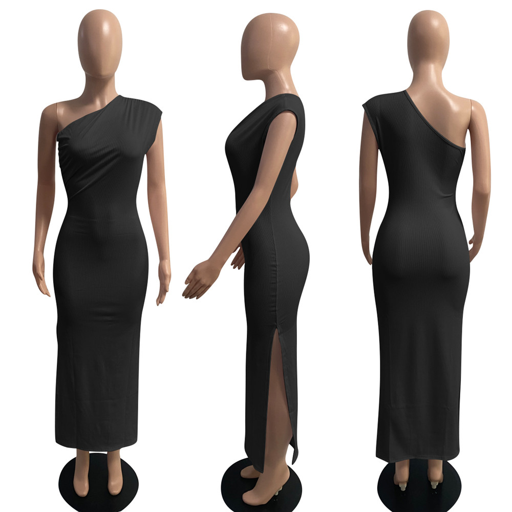 Summer Ribbed Dress Women Spring Bodycon Dresses Sexy Diagonal Collar Split Long Dress Solid Sleeveless Skinny Dresses Nightclub Party Wear 9182