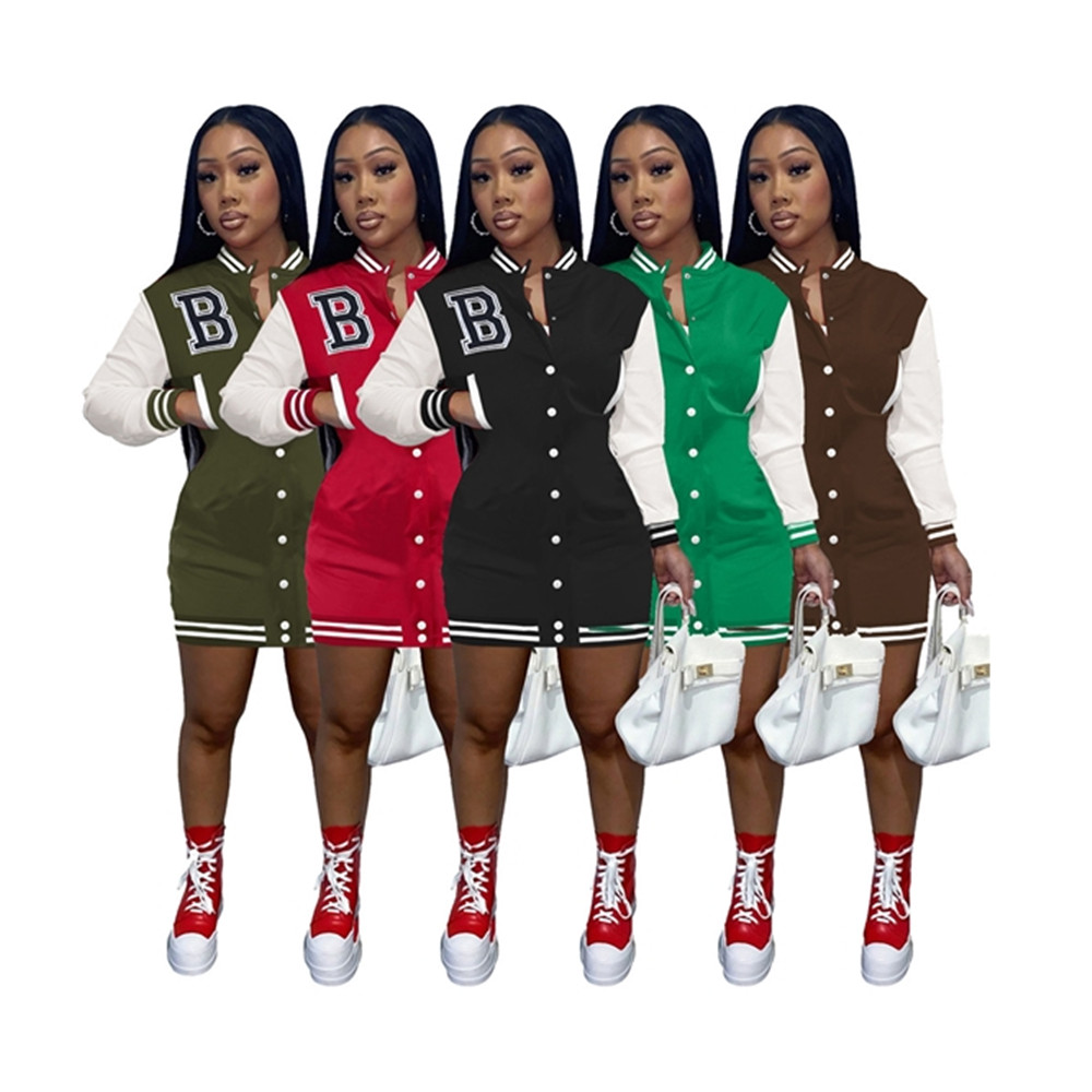 New Fall Winter Baseball Dresses Women Leather Sleeve Fleece Bodycon Dress Spring Autumn Clothes Casual Embroidery B Letters Mini Skirt Fashion Street