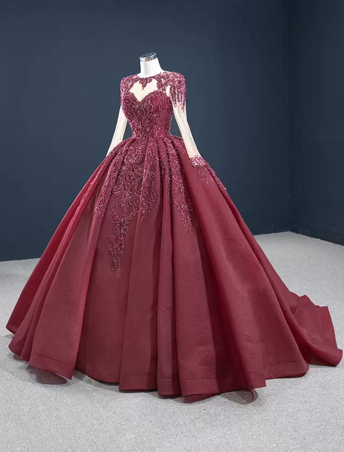 Burgundy Lace Ball Gown Gothic Wedding Dresses Long Sleeves lace-up Corset Back Heavily Beading Non White Colored Bridal Gowns Couture