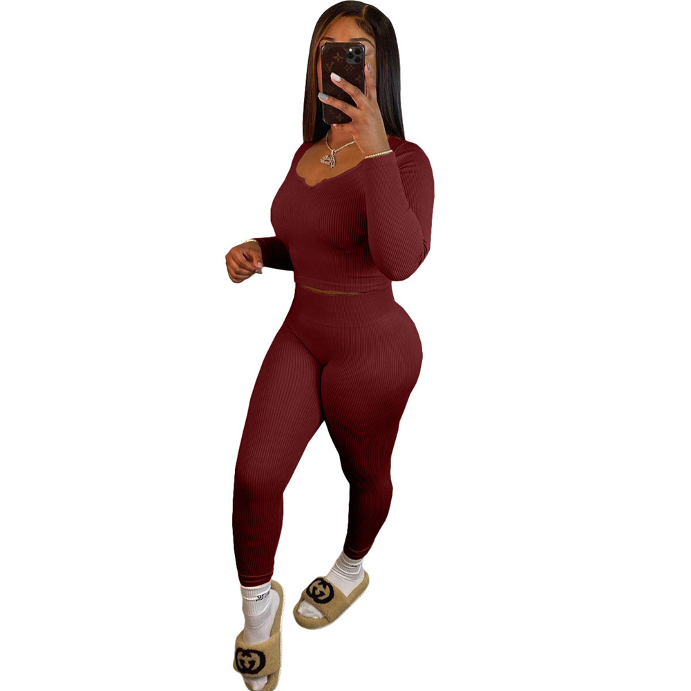 Fall Winter Outfits Women Ribbed Tracksuits Long Sleeve Pullover V neck Shirt Top and Pants Two Piece Sets Outwork Outfits Casual Sports suits Sporswe
