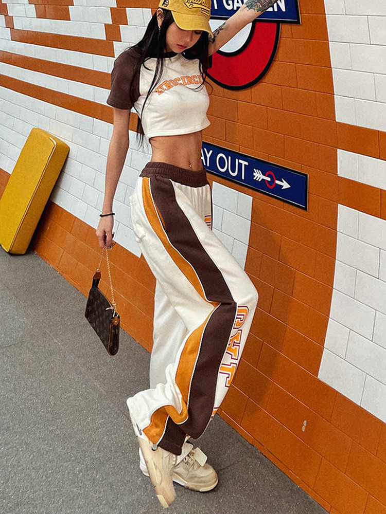 Womens Tracksuits Fashion Sexy Summer Outfits Short Sleeve Print Crop Top Straight Contrast Pants Female Japanese Harajuku Casual Two Piece Sets 23011
