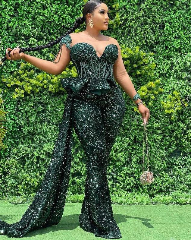 Hunter Green Jumpsuits Prom Dresses Sheer Neck Sequined Luxury African aso ebi Plus Size Women Formal Evening Gowns pant suit