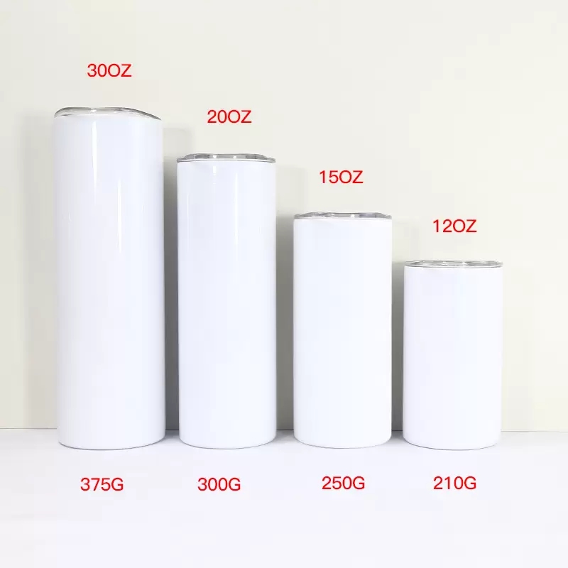 USA Local warehouse sublimation straight skinny tumbler 12oz 15oz 20oz 30oz blank white stainless steel tumblers with lid straw straight coffee cup