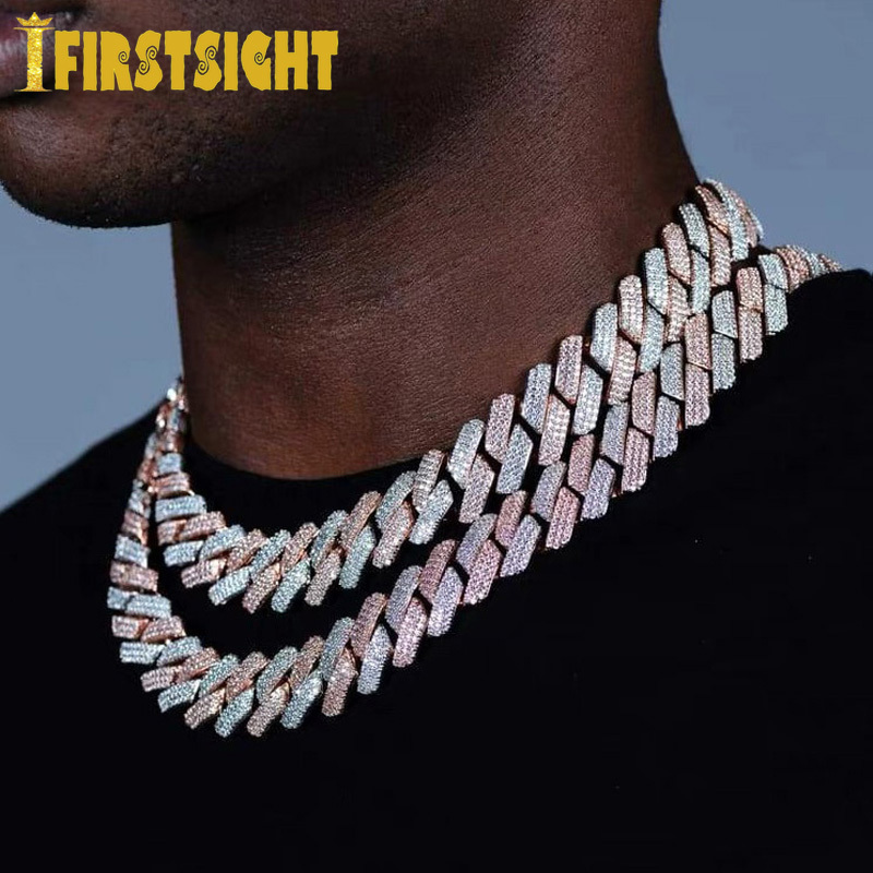 Chokers Iced Out Bling Baguette CZ 19mm Miami Cuban Chain Necklace Two Tone Color Cubic Zirconia Necklaces Men Hip Hop Jewelry 230113
