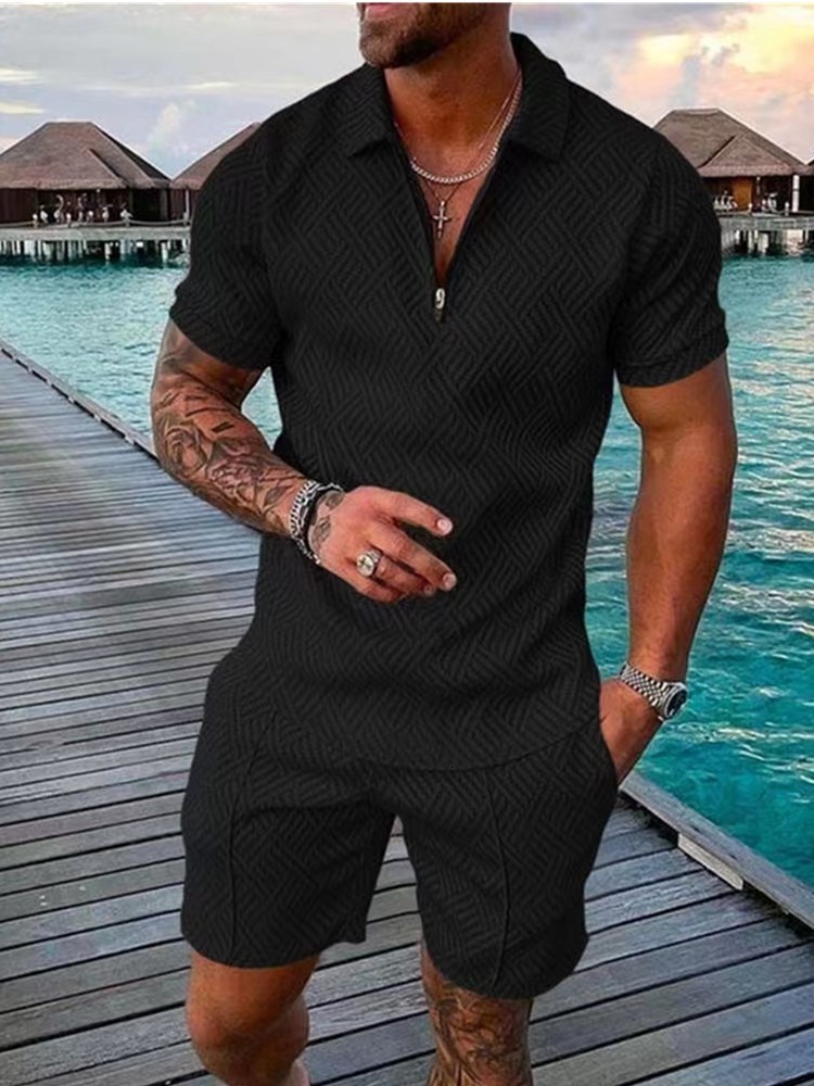 Men s Tracksuits Polo Suit Fashion Sets s Solid Color Summer V neck Zipper Short Sleeve POLO Shirt Shorts Two Pieces Casual 230112
