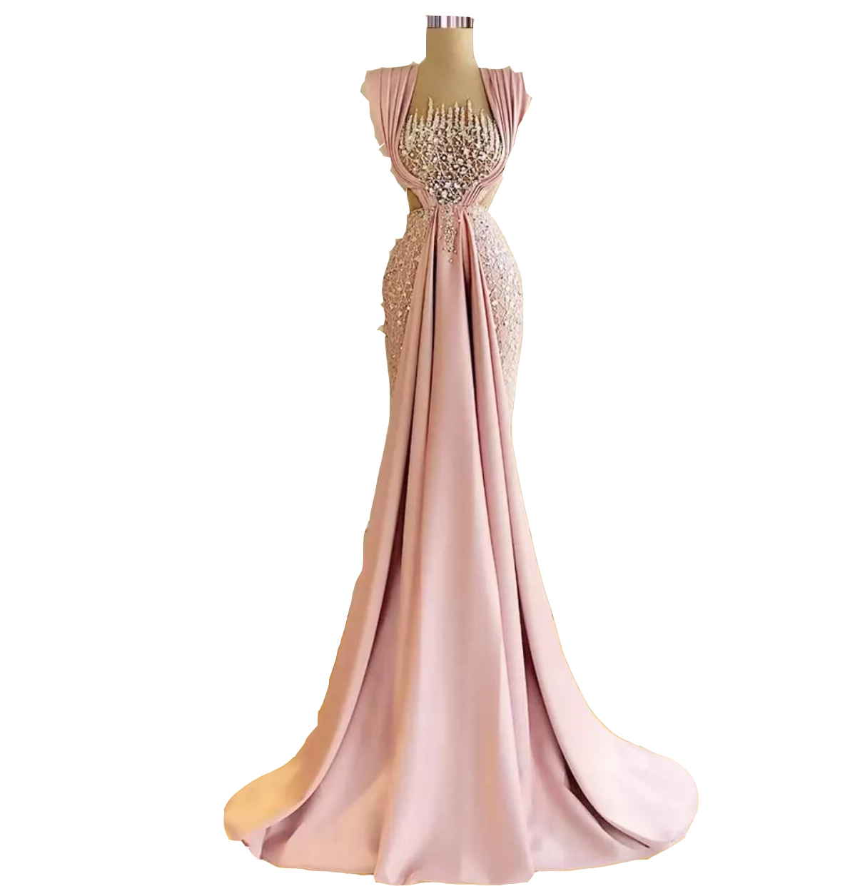 2024 Evening Dresses Wear Pink Illusion Neck Sleeveless Mermaid Sweep Train Sequins Crystal Beads Plus Size Prom Gowns Party Dresses