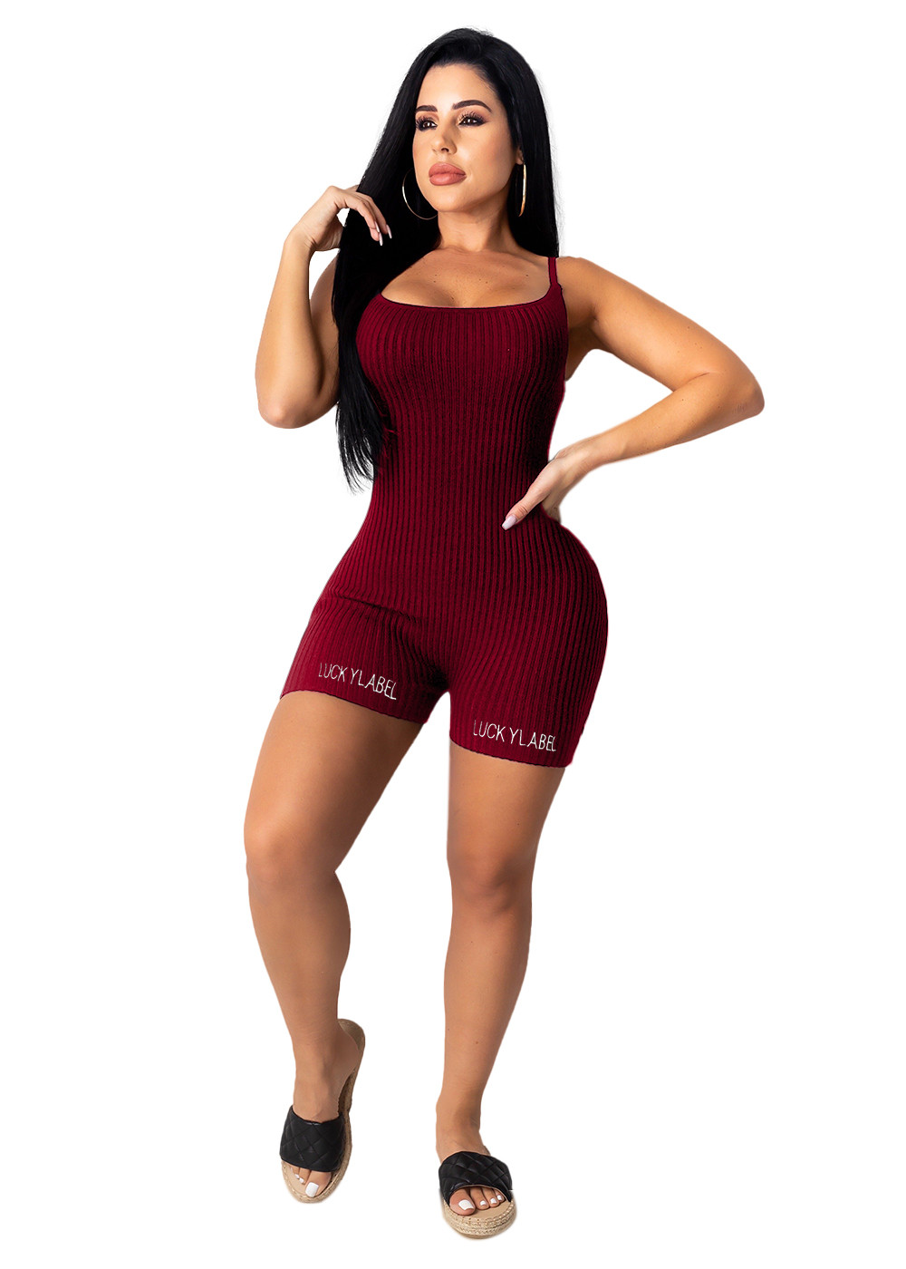 Sexy Spaghetti Strap Ribbed Rompers Women Summer Embroidery Lucky Label Jumpsuits Sexy Sleeveless One Piece Outfits Black Skinny Playsuits Bulk 9188