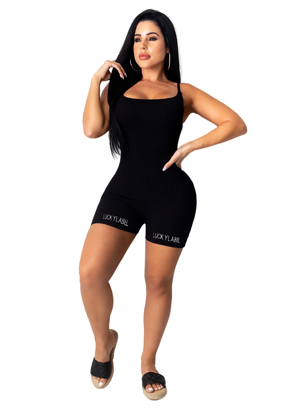 Sexy Spaghetti Strap Ribbed Rompers Women Summer Embroidery Lucky Label Jumpsuits Sexy Sleeveless One Piece Outfits Black Skinny Playsuits Bulk 9188