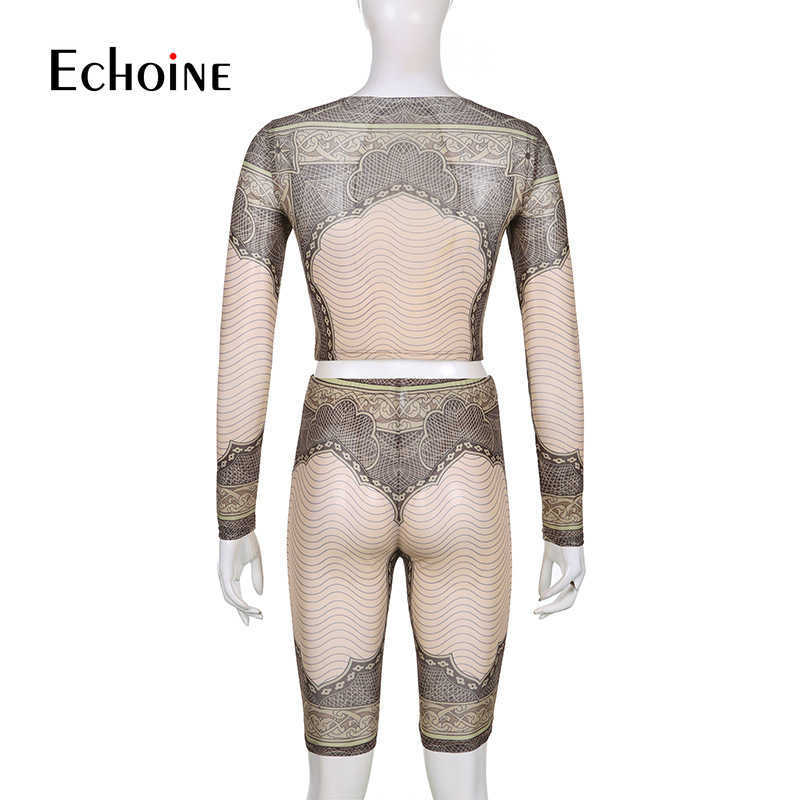 Two Piece Dress Echoine Women Vintage Sexy Mesh Print Long Sleeve Top And Knee Length Shorts 2 Piece Set Autumn New Casual Party Sports Outfits T23011