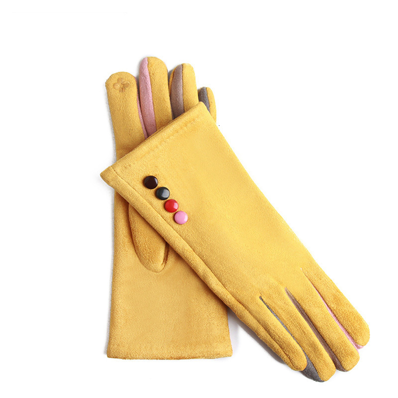 Fingerless Gloves Winter Female Single Layer Warm Cashmere Full Finger Button Cycling Mittens Women Suede Leather Touch Screen Driving Gloves J23 2301