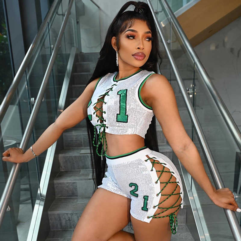 Two Piece Dress Echoine Sequin Bandage Sleeveless Tank Top Shorts Set Two Piece Set Outfits Street Women Party Club T230113