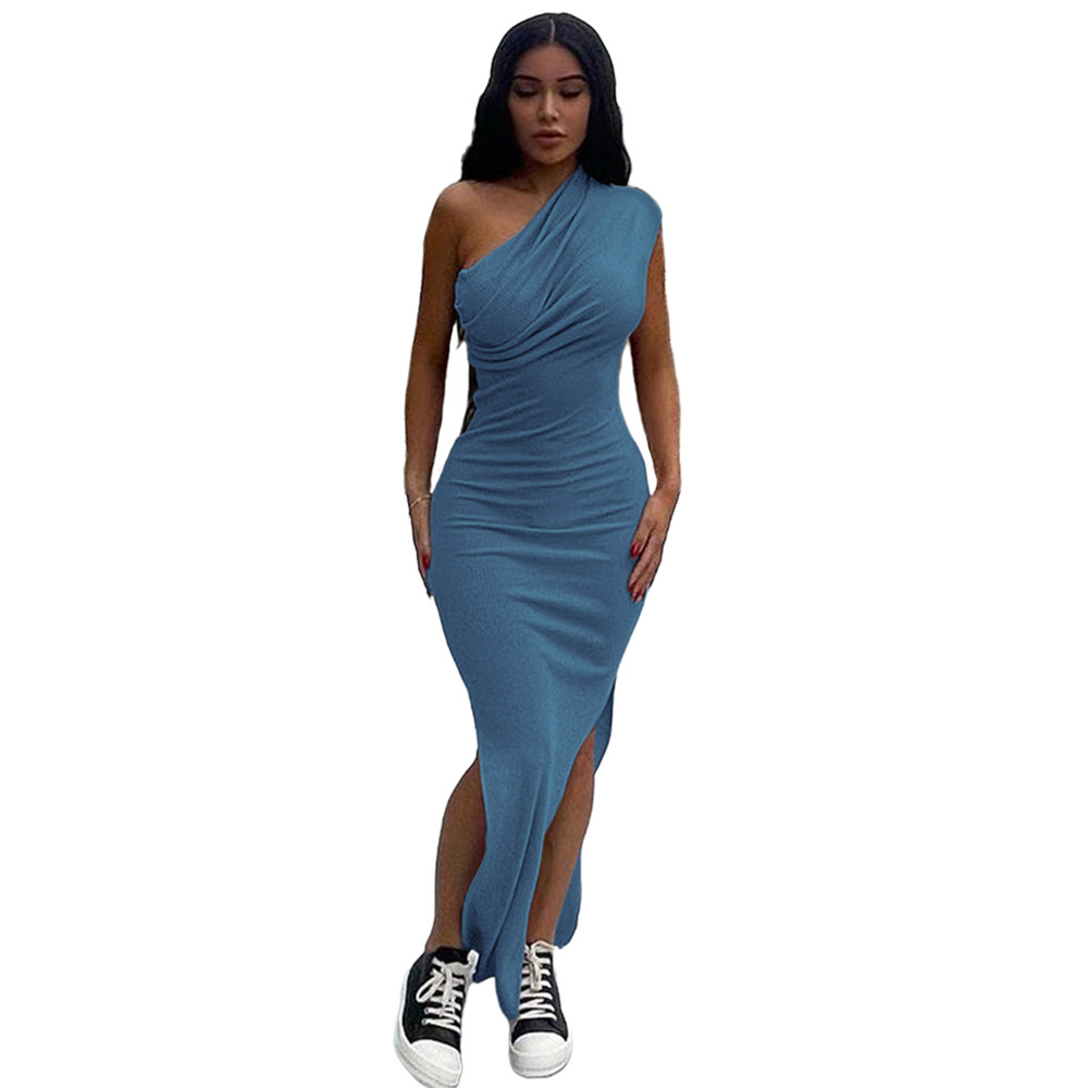 Summer Ribbed Dress Women Spring Bodycon Dresses Sexy Diagonal Collar Split Long Dress Solid Sleeveless Skinny Dresses Nightclub Party Wear 9182