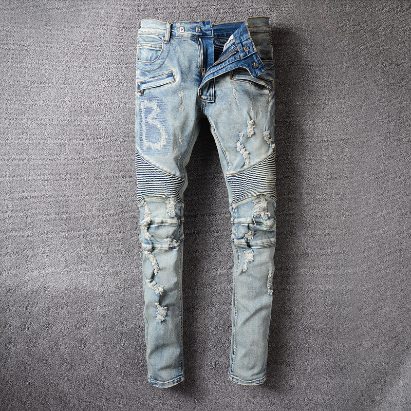 Mens Jeans For Guys Rip Slim Fit Skinny Man Pants Orange Star Patches Wearing Biker Denim Stretch Cult Stretch Motorcycle Trendy Long Straight Hip Hop