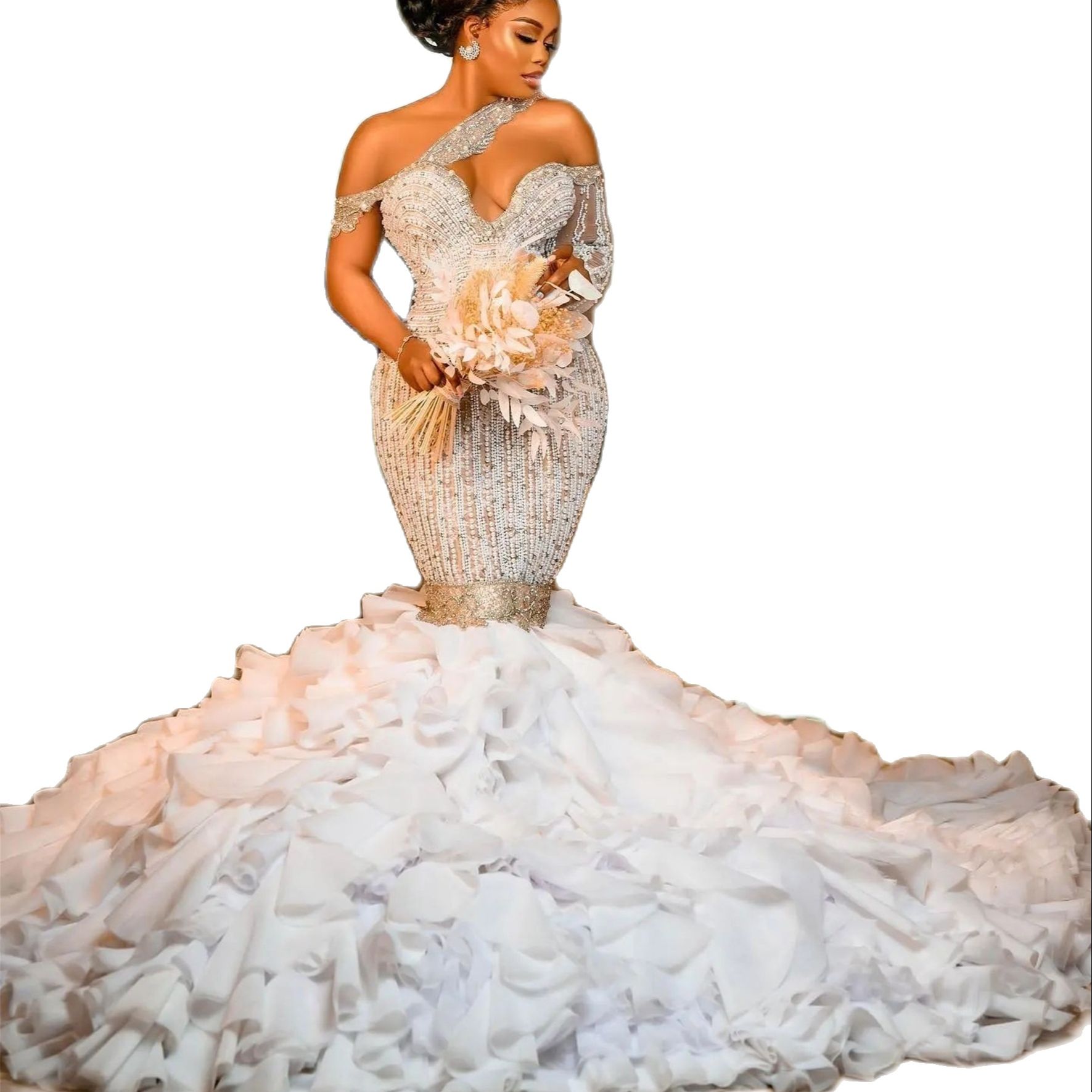 Exquisite Crystal Mermaid Wedding Vintage One Shoulder Beading Bridal Gown, Custom Made Ruffles Dress, Vestido De Novia