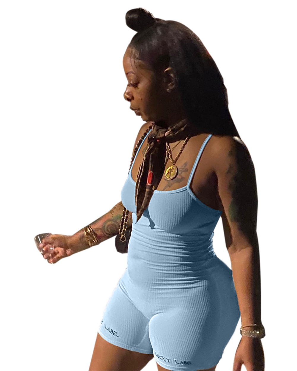 Sexy Spaghetti Strap Ribbed Rompers Women Summer Embroidery Lucky Label Jumpsuits Sexy Sleeveless One Piece Outfits Black Skinny Playsuits Bulk 9188