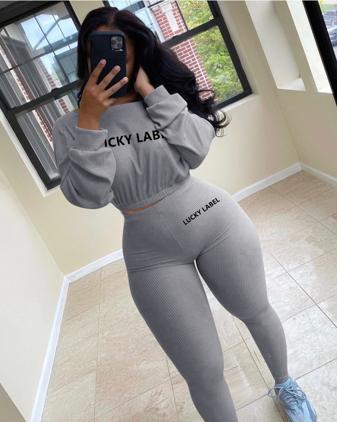 Women's Tracksuits Letter Printed Embroidery Women Two Piece Ribbed Fall Spring Long Sleeve Sweatshirt and Skinny Pants Set 230113