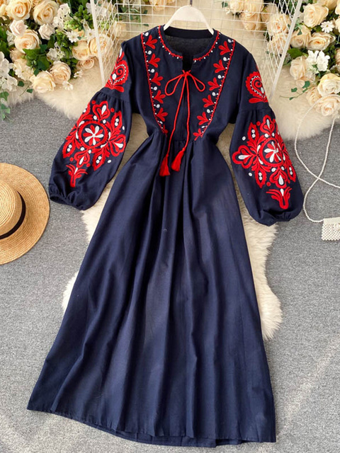 Party Dresse Autumn Bohemian Embroidered Flower O Neck Lantern Sleeve High Waist Pleated Dress All match Female Vestidos PL393 230112