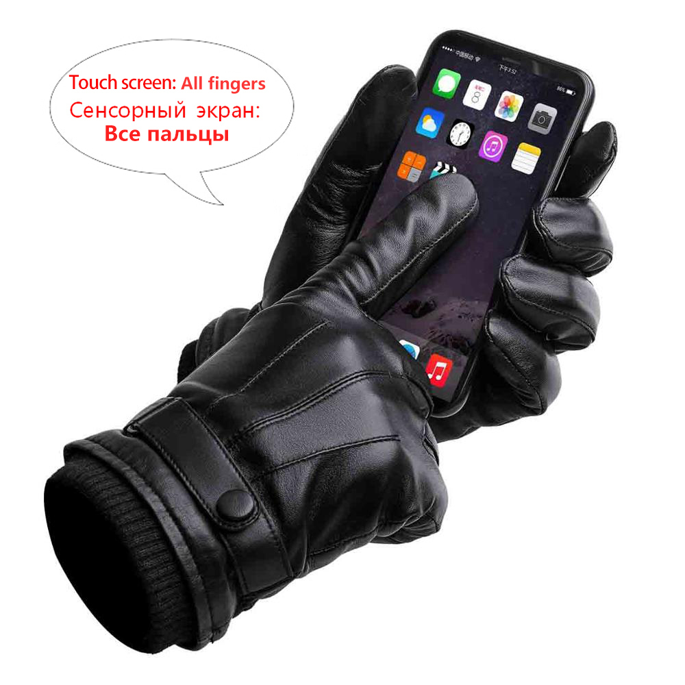 Fingerless Gloves BISON DENIM Men Genuine Sheepskin Leather Gloves Autumn Winter Warm Touch Screen Full Finger Black Gloves High Quality S019 230113