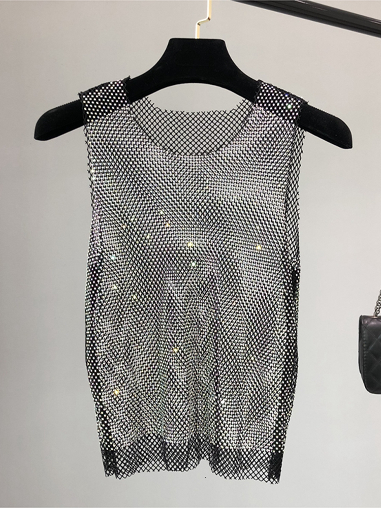 Women s Tanks Camis Crystal Beading Shiny Party Club Sexy Hollow Out Diamonds Stamping Winky Sleeveless Vest 230112
