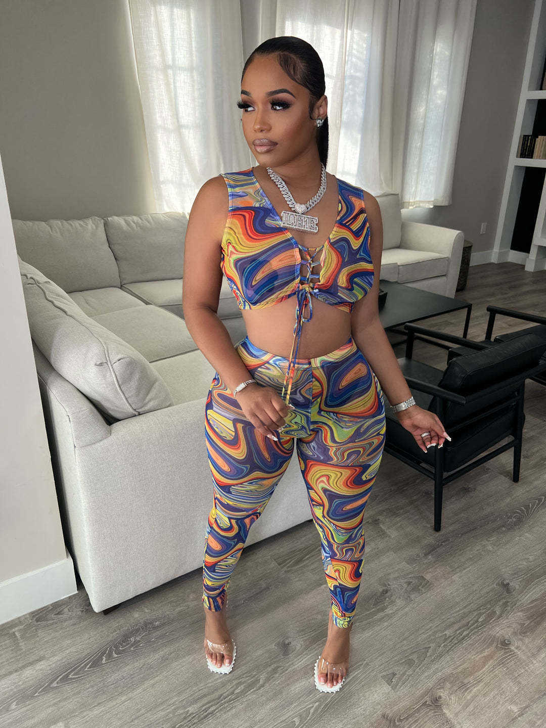 Two Piece Dress Echoine Tie Dye Print Colorful Bandage Cross Lace Up Tank Top Legging pants Two Piece Set Streetwear Outfits Women Clothing T230113