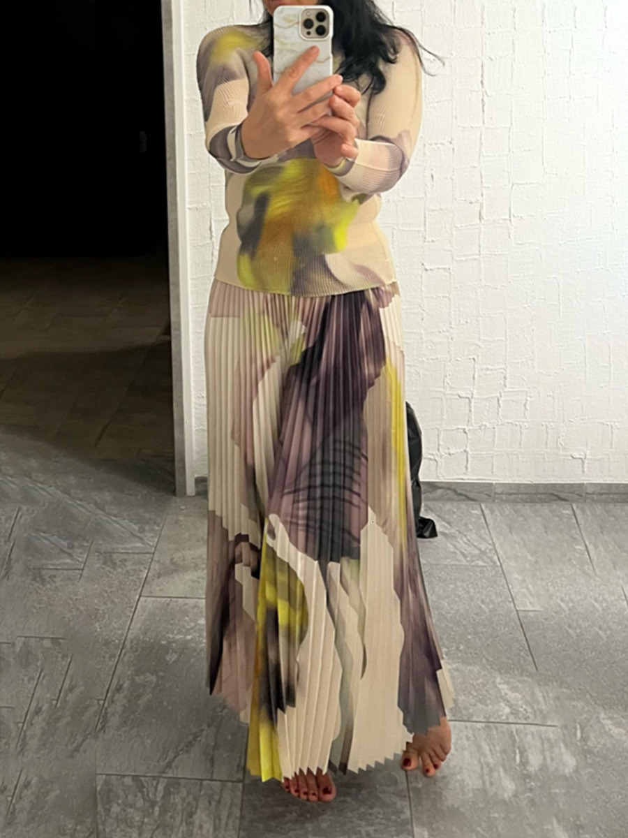 Two Piece Dress Miyake Pleated Women Suit Slim Western Print Stand Collar Long Sleeve TopLoose Skirt Casual Party Set 230113