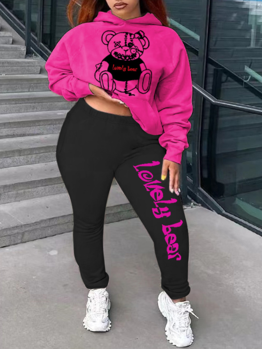 Womens Tracksuits LW Plus Size Multicolor Sweatshirt Sets Cartoon Letter Print Pants Set Pullover HoodieElastic Waist Trousers Maxi 230113