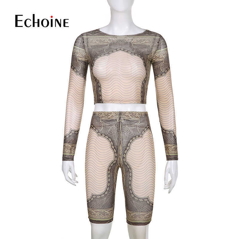 Two Piece Dress Echoine Women Vintage Sexy Mesh Print Long Sleeve Top And Knee Length Shorts 2 Piece Set Autumn New Casual Party Sports Outfits T23011