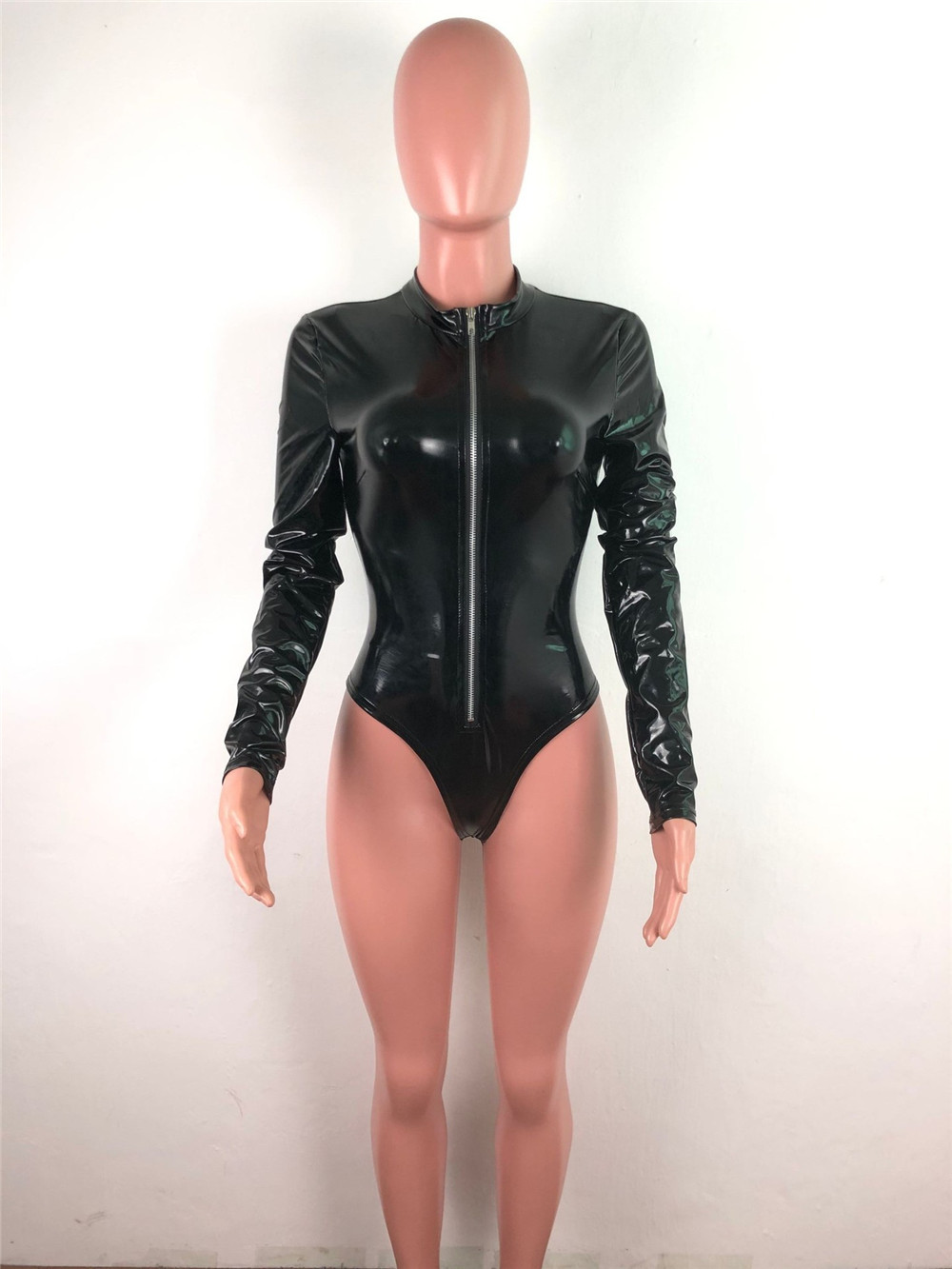 Wholesale PU Leather Bodysuits Women Long Sleeve Rompers Spring Autumn Clothes Sexy One Piece Outfits Casual Skinny Playsuits Fashion Streetwear 9189