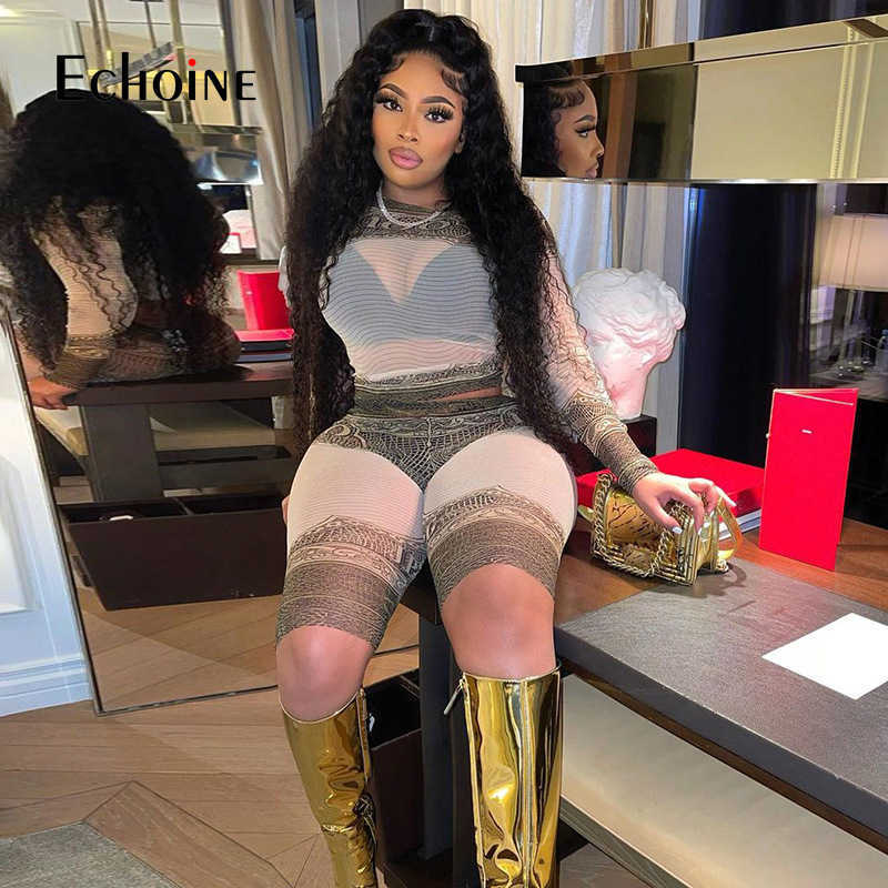 Two Piece Dress Echoine Women Vintage Sexy Mesh Print Long Sleeve Top And Knee Length Shorts 2 Piece Set Autumn New Casual Party Sports Outfits T23011